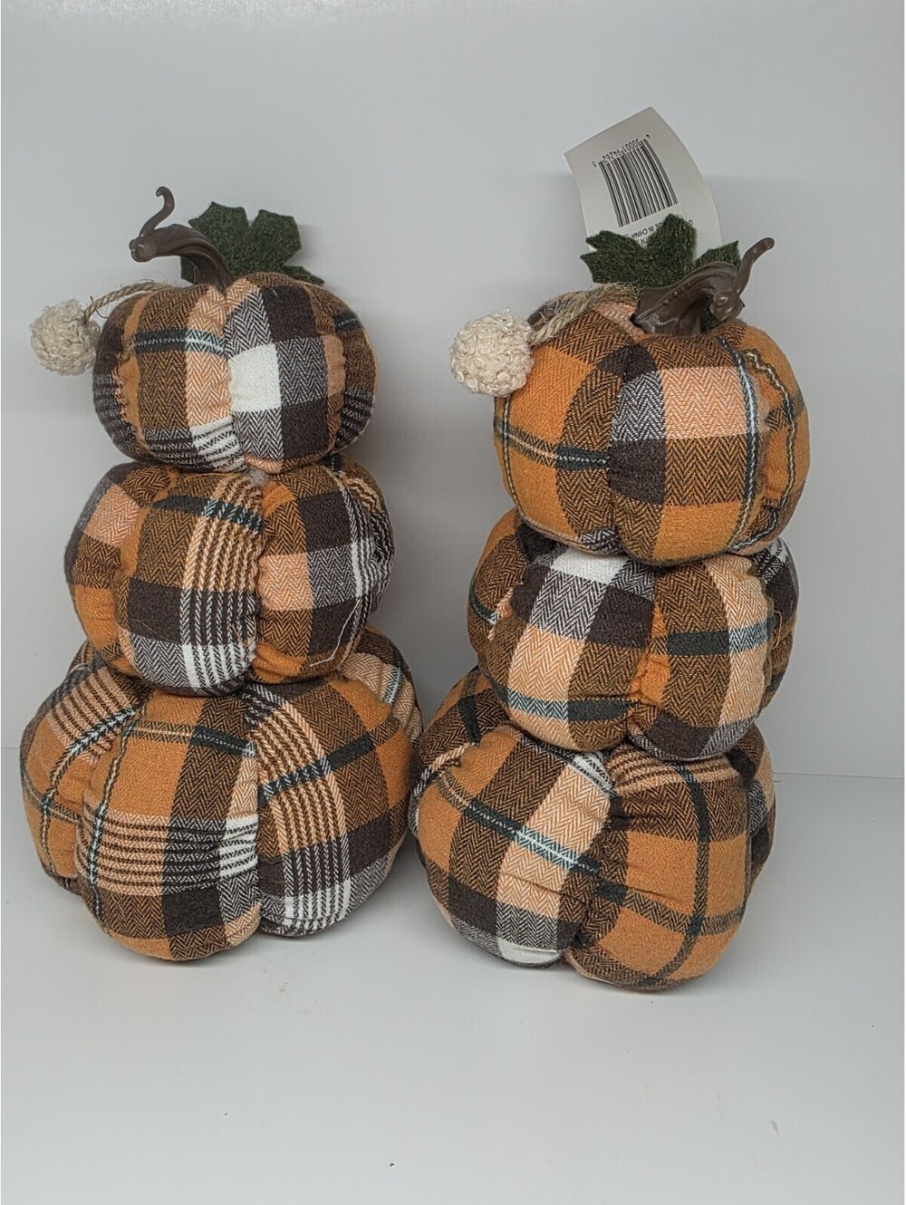 Stuffed ORANGE/Gray/brown Fall Buffalo Check Fabric Stacked Pumpkins 5"Di 9"H
